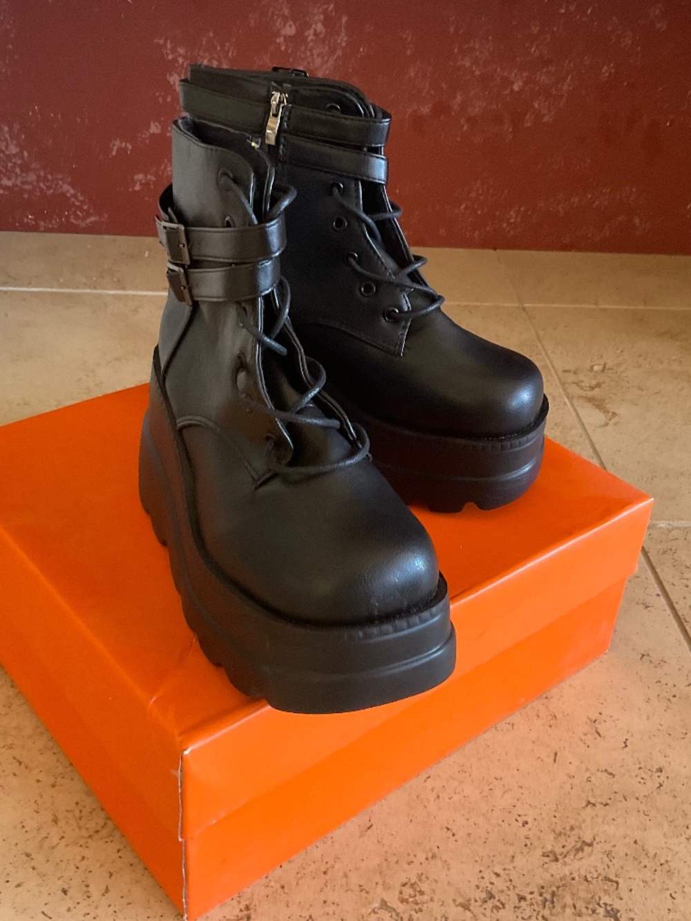 Stylish Black ankle boots. Chunky sole design. Sleek and modern. Womens Euro 38